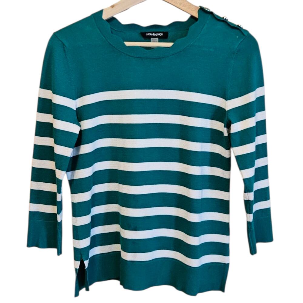 Cable & Gauge Striped Sweater Green White Women’s Small